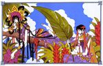  1girl anklet barefoot black_hair bracelet clamp dress earrings feet glasses highres ichihara_yuuko jewelry leaf_fan long_hair lying non-web_source official_art pale_skin palm_tree sarong smile tree tropical watanuki_kimihiro xxxholic 