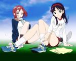  2girls blue_sky bottle flcl gym_uniform hairband multiple_girls new_balance ninamori_eri samejima_mamimi shoes shorts sky sneakers water_bottle 