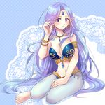  anklet arabian_clothes armlet barefoot bikini_top blush bracelet earrings forehead_jewel harem_outfit harem_pants jewelry long_hair looking_at_viewer midriff navel original pants pointy_ears purple_eyes purple_hair see-through serino_itsuki sitting solo very_long_hair 