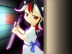  black_hair bow bowtie contemporary directional_arrow electric_wind_instrument glowing horns instrument kijin_seija multicolored_hair outline red_eyes red_hair sash smirk solo streaked_hair touhou white_hair winn 