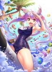  armpits breasts dated ecell fish i-19_(kantai_collection) kantai_collection large_breasts long_hair looking_at_viewer one-piece_swimsuit open_mouth palm_tree pink_eyes purple_hair salute school_swimsuit smile solo swimsuit torpedo tree twintails 