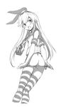  ass greyscale hair_ribbon kantai_collection long_hair monochrome no_pants panties panty_pull ribbon shimakaze_(kantai_collection) striped striped_legwear thighhighs underwear yoshitani_motoka 