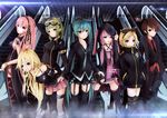  ajigo aqua_eyes aqua_hair bad_id bad_pixiv_id blonde_hair bracelet brown_hair escalator garter_straps goggles goggles_on_head green_eyes green_hair gumi hair_ornament hairclip hands_in_pockets hatsune_miku highres hood hoodie ia_(vocaloid) jewelry kagamine_rin long_hair megurine_luka meiko multiple_girls necktie pink_hair purple_eyes purple_hair short_hair single_thighhigh skirt smile tattoo thighhighs twintails very_long_hair vocaloid voiceroid yuzuki_yukari 