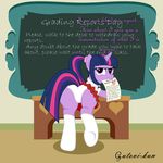  bedroom_eyes chalkboard classroom desk equine female friendship_is_magic fur gutovi-kun hair hi_res hooves horn horse legwear looking_at_viewer looking_back mammal mouth_hold my_little_pony panties paper pony ponytail presenting purple_eyes purple_fur purple_hair raised_tail school_uniform schoolgirl_uniform skirt smile solo stockings twilight_sparkle_(mlp) two_tone_hair underhoof underwear unicorn upskirt writing 