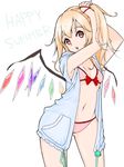  adjusting_hair armpits asymmetrical_hair asymmetrical_wings bad_id bad_pixiv_id bikini blonde_hair derivative_work flandre_scarlet hakutaku89 jacket jacket_over_swimsuit looking_at_viewer navel open_mouth red_bikini red_eyes shirt short_hair side_ponytail simple_background sleeveless solo stomach swimsuit touhou tying_hair white_background wings 