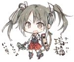  :d bow_(weapon) brown_eyes brown_hair chibi faux_traditional_media hair_ornament holding kantai_collection kotatu_(akaki01aoki00) muneate open_mouth pleated_skirt simple_background skirt smile solo translation_request twintails v-shaped_eyebrows weapon white_background zuikaku_(kantai_collection) 