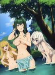  :d absurdres ahoge akari_acura antenna_hair bathing blonde_hair blue_eyes blue_sky blue_towel breasts chaika_trabant covering covering_breasts day eyebrows frederika_(hitsugi_no_chaika) green_hair hair_between_eyes hair_censor hair_down hair_intakes hair_over_breasts hands_on_hips highres hitsugi_no_chaika large_breasts leaning_forward multiple_girls navel nude official_art one_eye_closed open_mouth outdoors purple_eyes red_eyes scan silver_hair sky small_breasts smile thick_eyebrows topless towel tree wading wet wet_hair 