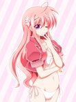  azumaya_hironaru bikini jacket kyrie_florian long_hair lyrical_nanoha mahou_shoujo_lyrical_nanoha_innocent one_eye_closed pink_hair purple_eyes solo standing swimsuit 