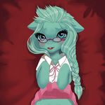  braid clothed clothing dress equine eyelashes eyewear female glasses green_hair hair hi_res horse invalid_tag mammal minibabylizard my_little_pony nude plain_background pony red_background red_lips school shirt skirt skirt_lift solo 