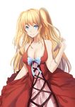  absurdres blonde_hair blue_eyes breasts cleavage collarbone dress halterneck highres large_breasts long_hair looking_at_viewer original simple_background smile solo white_background yeluno_meng 