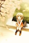  brown_hair cherry_blossoms from_above hair_ornament hidamari_sketch looking_up open_mouth quro_(black_river) school_uniform short_hair sitting skirt smile solo v_arms x_hair_ornament yuno 