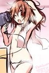  1girl after_shower armpits brown_hair censored convenient_censoring drying_hair fang hair_dryer highres ikazuchi_(kantai_collection) kantai_collection nude open_mouth panties short_hair solo tenjou_nanaki topless underwear white_panties 