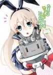  :3 blonde_hair blue_eyes blush carrying_under_arm elbow_gloves gloves kantai_collection lifebuoy long_hair looking_at_viewer nerokuro open_mouth rensouhou-chan shimakaze_(kantai_collection) solo striped striped_legwear thighhighs translation_request turret zettai_ryouiki |_| 