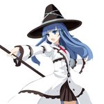  blue_eyes blue_hair coat hat highres hime_cut long_hair long_sleeves mages. mole mole_under_eye neptune_(series) open_mouth pleated_skirt puffy_long_sleeves puffy_sleeves sai_(bankoru) skirt solo staff witch_hat 