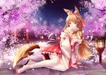  animal_ears arm_support blonde_hair breasts cherry_blossoms cleavage covering_mouth fan floral_print folding_fan fox_ears fox_tail frilled_skirt frills highres japanese_clothes kitsune lantern lying medium_breasts miko night night_sky off_shoulder on_ground original outdoors pleated_skirt sandals skirt sky solo tail thighhighs torii white_legwear wide_sleeves wooden_lantern yellow_eyes yeluno_meng 