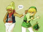  1girl 2boys blonde_hair commentary_request dark_skin korok link makar multiple_boys neckerchief pointy_ears punching tetra the_legend_of_zelda the_legend_of_zelda:_the_wind_waker tiuana_rui toon_link tsundere tunic vest white_legwear 