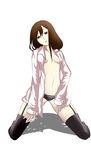  1girl brown_eyes brown_hair empty_eyes hair_clip hair_ornament hairclip highres kagerou_project long_hair long_sleeves open_clothes open_shirt panties shirt sleeves_past_wrists solo tateyama_ayano thighhighs underwear vocaloid 