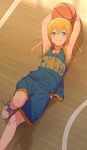  armpits arms_up bad_id bad_twitter_id basketball basketball_uniform blonde_hair blue_eyes breasts clothes_writing collarbone covered_nipples jersey looking_at_viewer no_bra shinjiro shirt shoelaces shoes sleeveless sleeveless_shirt small_breasts smile sneakers solo sportswear sweat 