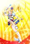  1girl :d alternate_form blonde_hair blue_skirt boots cheerleader cure_honey earrings happinesscharge_precure! heart heart_earrings jewelry knee_boots long_hair magical_girl oomori_yuuko open_mouth popcorn_cheer precure puffy_short_sleeves puffy_sleeves short_sleeves skirt smile solo twintails wrist_cuffs yellow_eyes 
