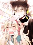  1girl animal_ears bad_id bad_pixiv_id biting black_hair blonde_hair bunny_ears cien516 closed_eyes dark_konoha dress ear_biting food headphones kagerou_project konoha_(kagerou_project) kozakura_marry long_hair marshmallow short_ponytail tears wolf_ears 