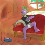  3_toes 4_fingers aged_up anthro biting_lip black_clothing black_shirt briefs bulge clothing colored console controller dragon ear_fins fangs friendship_is_magic fuze green_belly green_eyes green_scales grin hi_res inside leaning licking logo male my_little_pony partially_clothed purple_body purple_scales raised_arm raised_leg raised_tail scalie sharp_teeth shirt sitting sofa solo spike_(mlp) spiked_tail spines spread_legs spreading stairs teeth tongue tree underwear video_games white_clothing window 