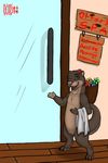  ambiguous_gender blue_eyes chakat-silverpaws door english_text female flat_chested flower glass hi_res mammal mustelid otter solo spa text towel 
