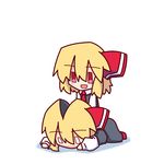  :d blank_eyes blonde_hair chibi kakinoki_mikan_(kari) lying open_mouth red_ribbon ribbon rumia shedding smile solo touhou 