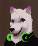 brown_background bust canine ear_piercing fur headphones hoodie invalid_color invalid_tag mammal minibabylizard music open_mouth piercing plain_background purple_eyes rainbow smile white_fur wolf zipper 