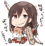  akagi_(kantai_collection) arrow blush_stickers bow_(weapon) brown_eyes brown_hair chibi eating faux_traditional_media flight_deck food food_on_face holding kantai_collection kotatu_(akaki01aoki00) long_hair lowres muneate simple_background sitting solo translation_request weapon white_background 