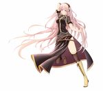  aqua_eyes arm_up belt black_dress black_legwear boots covered_navel cross-laced_footwear dress full_body hairband highres knee_boots long_hair megurine_luka nail_polish pink_hair see-through simple_background solo very_long_hair vocaloid white_background yeluno_meng 