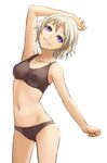  arm_up blue_eyes kurione_(zassou) looking_at_viewer navel original panties short_hair silver_hair smile solo sports_bra stomach underwear underwear_only white_background 