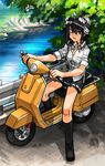  bad_id bad_tumblr_id black_hair bra commentary_request gettewi goggles goggles_on_head ground_vehicle helmet highres motor_vehicle river school_uniform scooter see-through shirt short_hair skirt sleeves_rolled_up socks solo sweat underwear vespa wet wet_clothes wet_shirt 