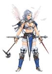  armor axe bikini_armor boots carina_(xiaowoo) garter_straps grey_eyes skirt solo sword thighhighs weapon white_hair wings 