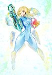  arm_cannon blonde_hair blue_eyes bodysuit breast_press breasts cropped_legs digital_dissolve headwear_removed helmet helmet_removed highres large_breasts lips long_hair louten metroid metroid:_other_m navel nose samus_aran skin_tight solo super_smash_bros. weapon zero_suit 