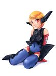  aircraft airplane armor blonde_hair blue_leotard boots bracer carina_(xiaowoo) elbow_gloves fighter_jet gloves jet leotard mecha_musume military military_vehicle navel orange_eyes short_hair skin_tight solo thighhighs 
