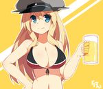  alcohol beer beer_mug bikini_top bismarck_(kantai_collection) blonde_hair blue_eyes breasts cleavage cup hand_on_hip hat holding holding_cup hoppege kantai_collection large_breasts long_hair smile solo 