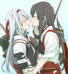  akagi_(kantai_collection) arrow blue_background bow_(weapon) brown_hair closed_eyes hakama hand_on_another's_face headband japanese_clothes kantai_collection leaning_forward long_hair multiple_girls muneate red_hakama ree_(re-19) shoukaku_(kantai_collection) smile weapon white_hair yuri 