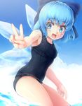  blue_eyes blue_hair blue_sky bow breasts cirno cloud day fang hair_bow ice ice_wings komimiyako looking_at_viewer one-piece_swimsuit open_mouth outstretched_arm outstretched_hand pose school_swimsuit sky small_breasts smile solo swimsuit touhou v water wings 