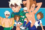  brown_hair closed_eyes copyright_name earth_eleven gloves goalkeeper headband hs2 ibuki_munemasa inazuma_eleven_(series) inazuma_eleven_go inazuma_eleven_go_galaxy lightning_bolt male_focus matatagi_hayato multiple_boys navel open_mouth purple_eyes revision shirtless sitting soccer_uniform sportswear standing undressing white_hair 