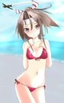  b5n beach bikini brown_eyes brown_hair day headband highres kantai_collection long_hair ponytail swimsuit zubi_(skylinezb) zuihou_(kantai_collection) 