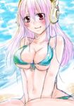  bikini blush breasts cleavage headphones kotono_(momonoha4213) large_breasts long_hair looking_at_viewer nitroplus pink_eyes pink_hair smile solo super_sonico swimsuit 