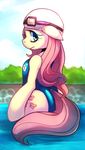  cutie_mark equine female fluttershy_(mlp) friendship_is_magic fur hair horse long_hair looking_at_viewer looking_back mammal marenlicious my_little_pony outside pony pool pose shy solo standing swimsuit water 