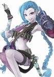  1girl blue_hair braid gloves hairline jinx_(league_of_legends) league_of_legends long_hair pink_eyes smile solo tattoo thighhigh thighhighs twintails weapon 