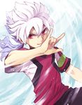  \m/ armband blue_hair hakuryuu_(inazuma_eleven) inazuma_eleven_(series) inazuma_eleven_go inazuma_eleven_go_galaxy male_focus multicolored_hair ponytail red_eyes resistance_japan revision riho soccer_uniform solo sportswear two-tone_hair white_hair 