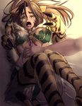  abs animal_ears belly_rub breasts breasts_apart brown_hair claws diglett_(artist) fangs fur jinko_(monster_girl_encyclopedia) knees_together_feet_apart knees_up large_breasts long_hair lying midriff monster_girl monster_girl_encyclopedia on_back open_mouth paws solo_focus striped_tail tail tiger_ears tiger_girl tiger_stripes tiger_tail toned torogao wavy_mouth whisker_markings yellow_eyes 