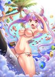  armpits bikini blush breasts covered_nipples dated ecell fish hair_ribbon i-19_(kantai_collection) kantai_collection large_breasts long_hair looking_at_viewer micro_bikini navel nipples open_mouth palm_tree partially_visible_vulva pink_eyes purple_hair red_eyes ribbon salute see-through solo swimsuit torpedo tree twintails very_long_hair 