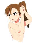  adjusting_hair blush_stickers breasts brown_hair futami_mami idolmaster idolmaster_(classic) natsunagi_takaki nude open_mouth side_ponytail simple_background small_breasts solo white_background 