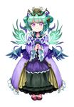  aqua_hair astaroth_(p&amp;d) blue_bow bow choker collarbone dress feathered_wings feet_together frilled_dress frilled_sleeves frills full_body hair_ornament hands_clasped hands_together k_(shinya90) long_sleeves low_wings multiple_wings open_mouth own_hands_together pigeon-toed purple_dress purple_eyes puzzle_&amp;_dragons red_footwear shoes short_hair smile solo tiara transparent_background wings 