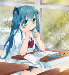  aqua_eyes aqua_hair book bow bowtie chin_rest classroom desk eraser hatsune_miku indoors long_hair pencil ryuuga_sazanami school_desk scrunchie sitting solo tree vocaloid window 