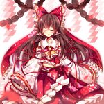  absurdres ascot bow brown_hair closed_eyes gohei hair_bow hair_ornament hair_ribbon hair_tubes hakurei_reimu hecha_(swy1996228) highres holding long_hair long_skirt navel ribbon rope skirt smile solo touhou very_long_hair 